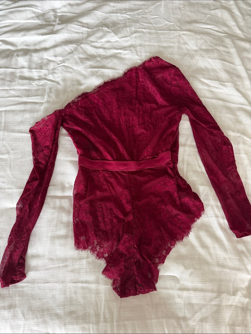 One-Shoulder Burgundy Lace Bodysuit